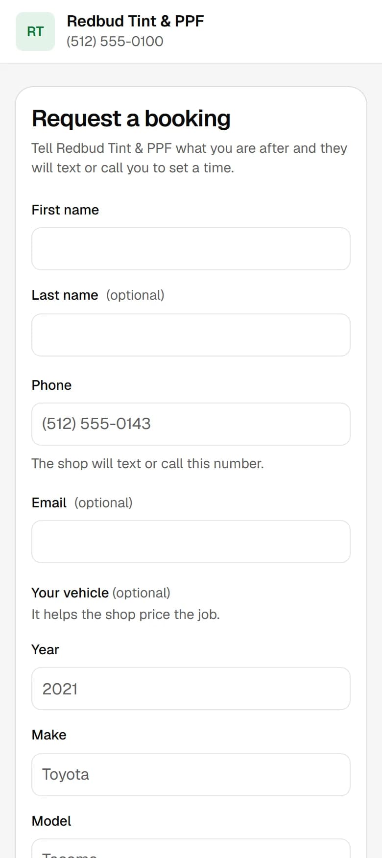 The public booking form on a phone, headed Request a booking: first and last name, phone, optional email and the vehicle fields