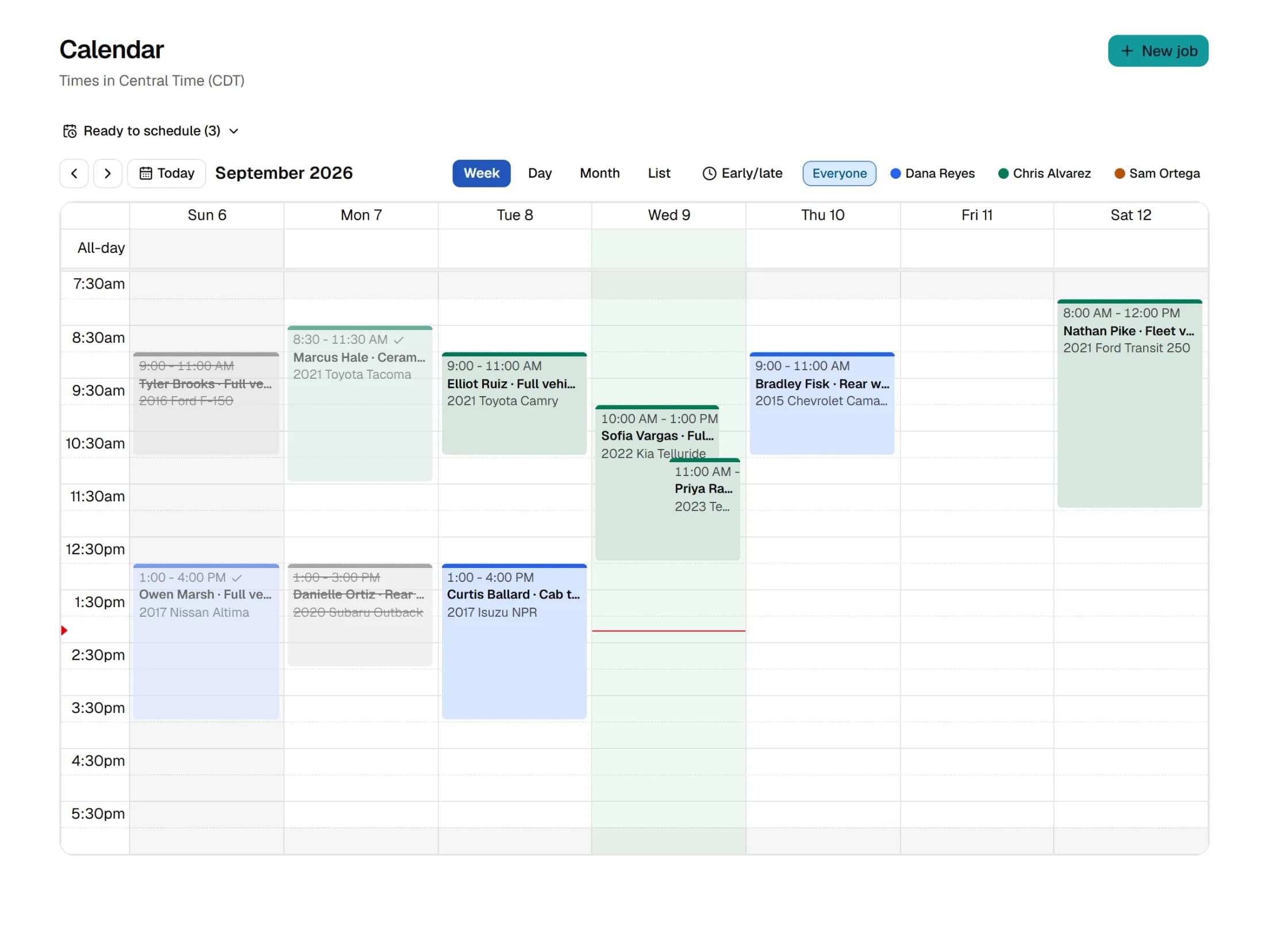 The calendar in week view with jobs coloured by technician and the shop hours shaded