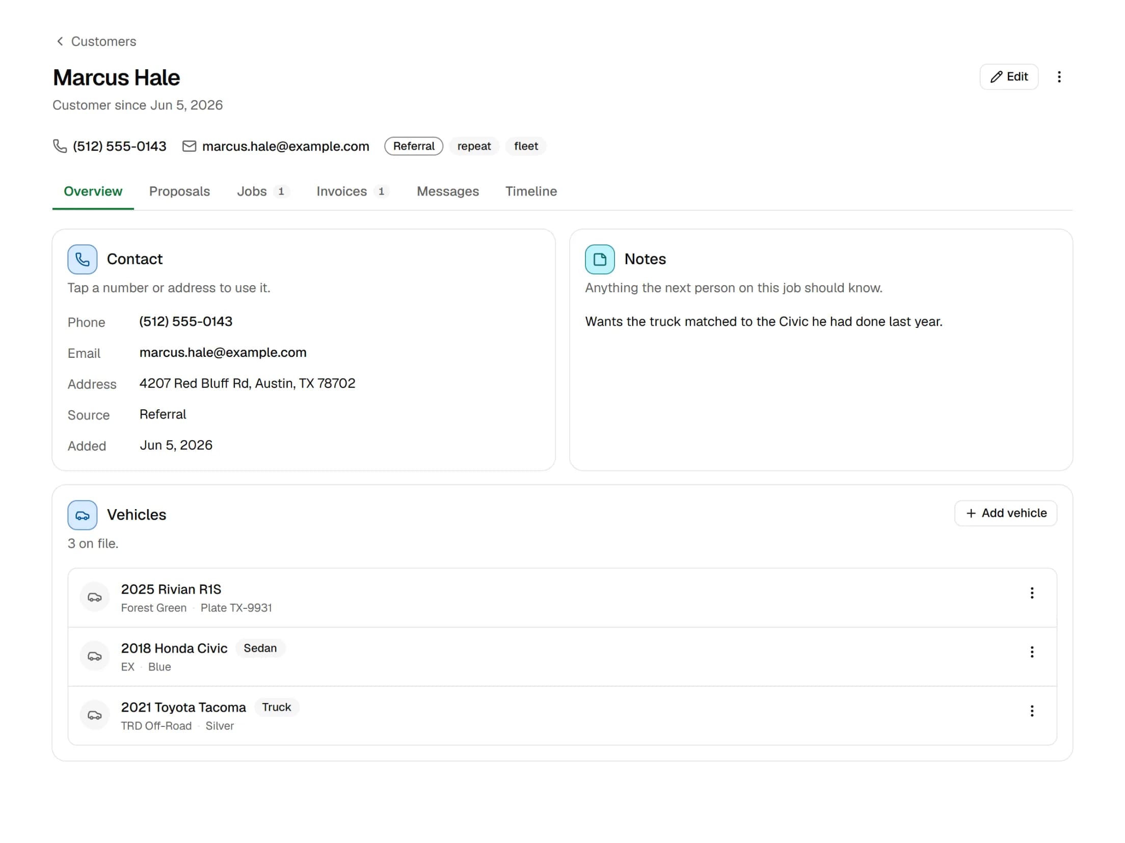 A customer page on its Overview tab: phone, email, tags, notes and three vehicles, with tabs for proposals, jobs, invoices and the timeline