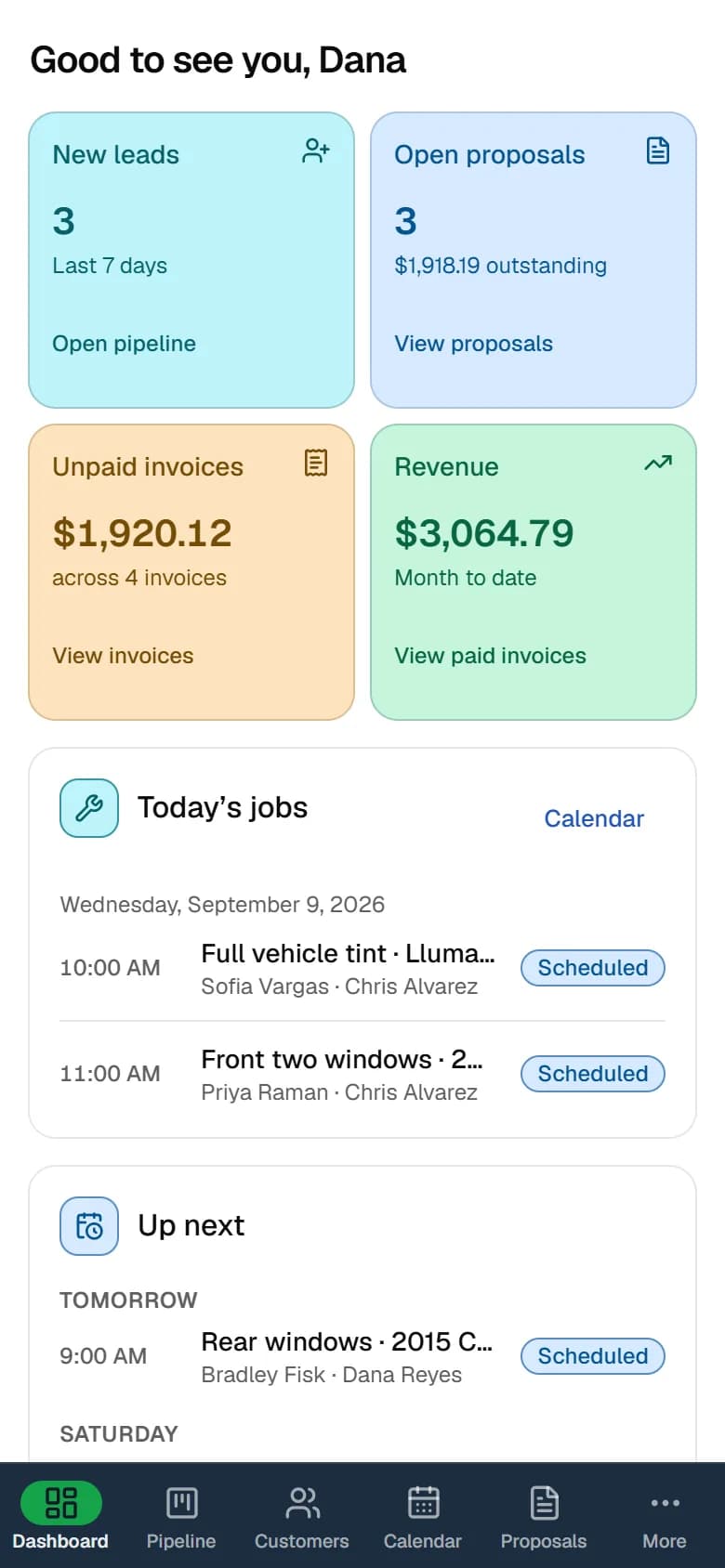 The TintDeck dashboard on a phone: new leads, open proposals, unpaid invoices, revenue and today’s jobs