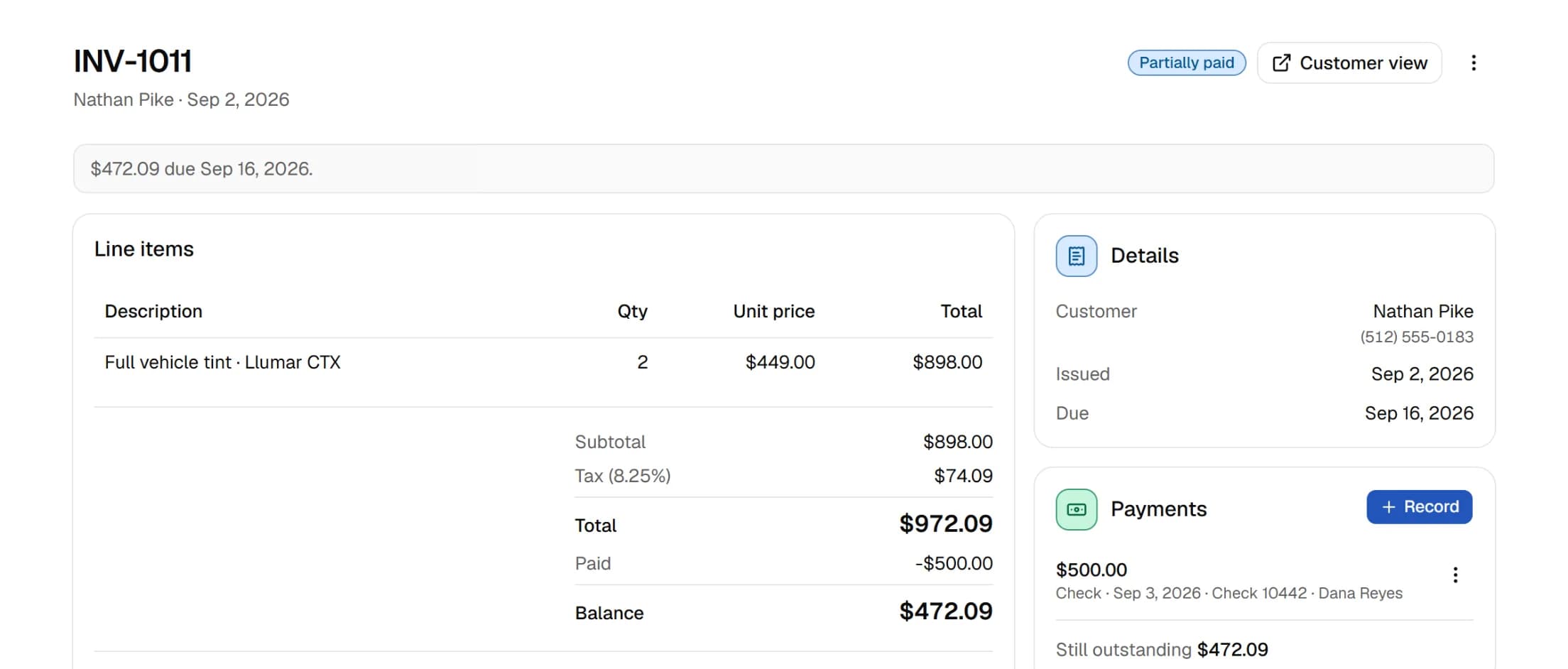 An invoice with line items, a recorded payment and the remaining balance