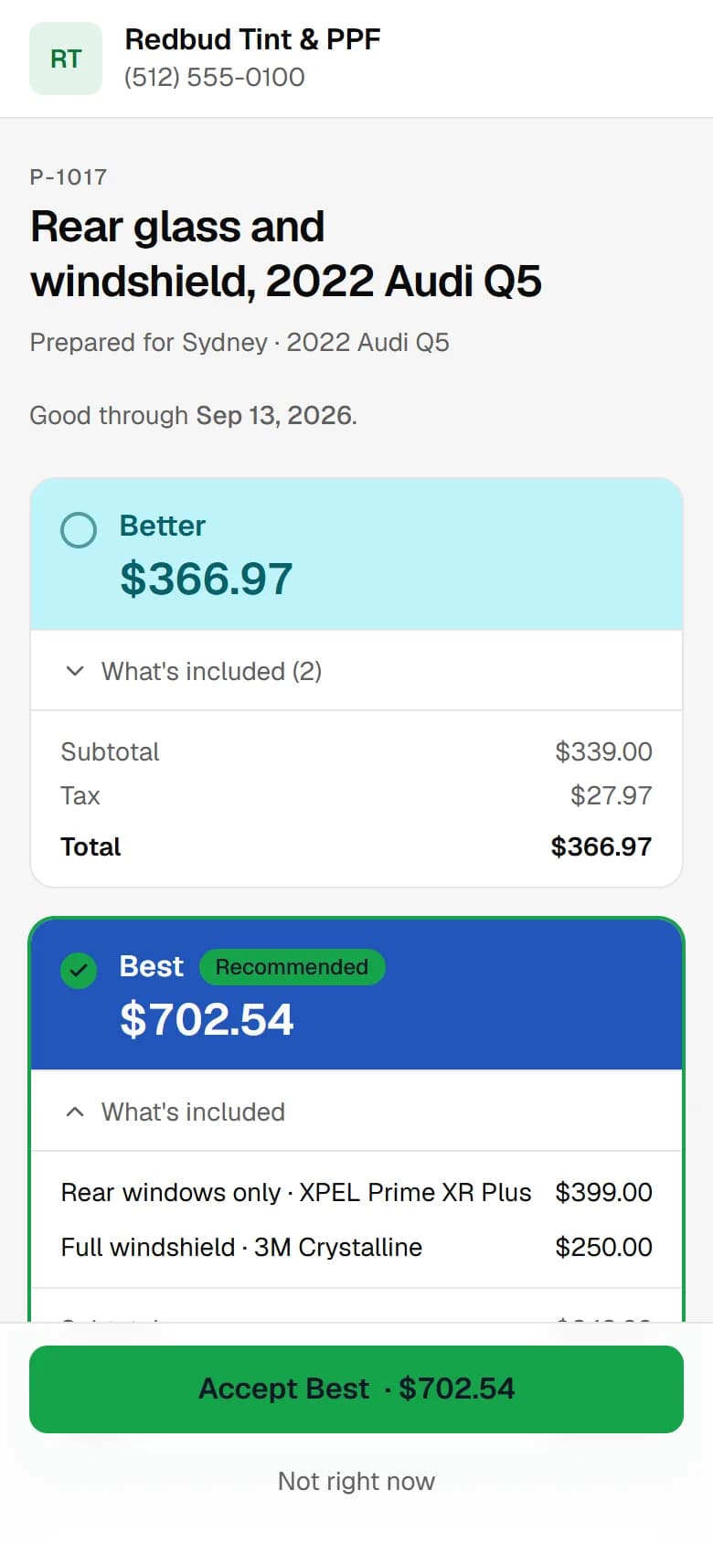 The proposal page a customer sees on their phone: Better and Best options with prices, and the Accept button
